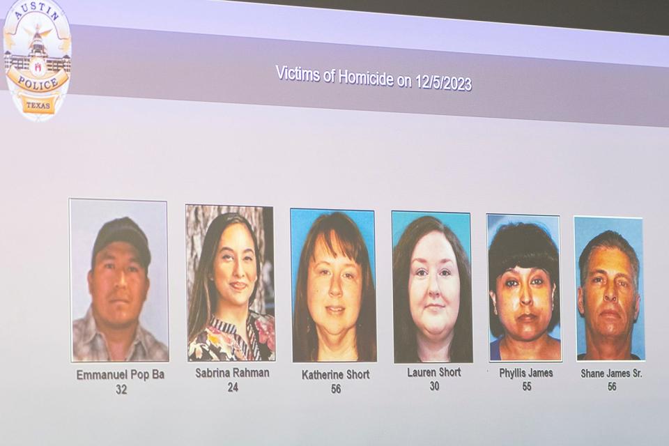 Victims of the Dec. 5 homicides are displayed on a screen during Tuesday's news conference at the Austin Police Department's headquarters.