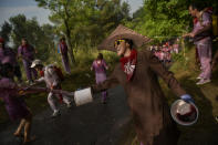 <p>People take part in a wine battle, in the small village of Haro, northern Spain, Friday, June 29, 2018. (Photo: Alvaro Barrientos/AP) </p>