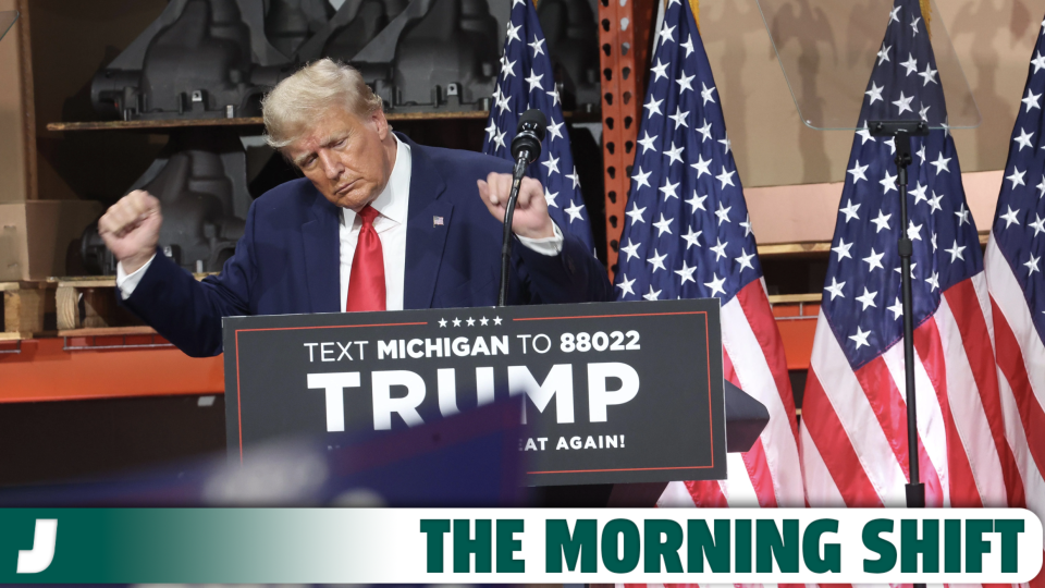 Former U.S. President Donald Trump speaks at a campaign rally at Drake Enterprises, an automotive parts manufacturer, on September 27, 2023 in Clinton Township, Michigan.