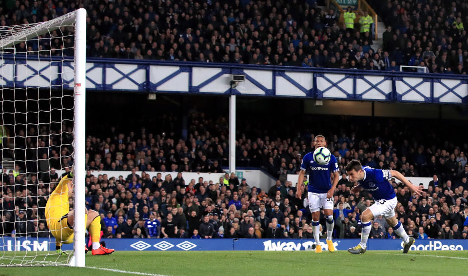 Everton's Seamus Coleman heads home his side's second goal (Photo by Peter Byrne/PA Images via Getty Images)