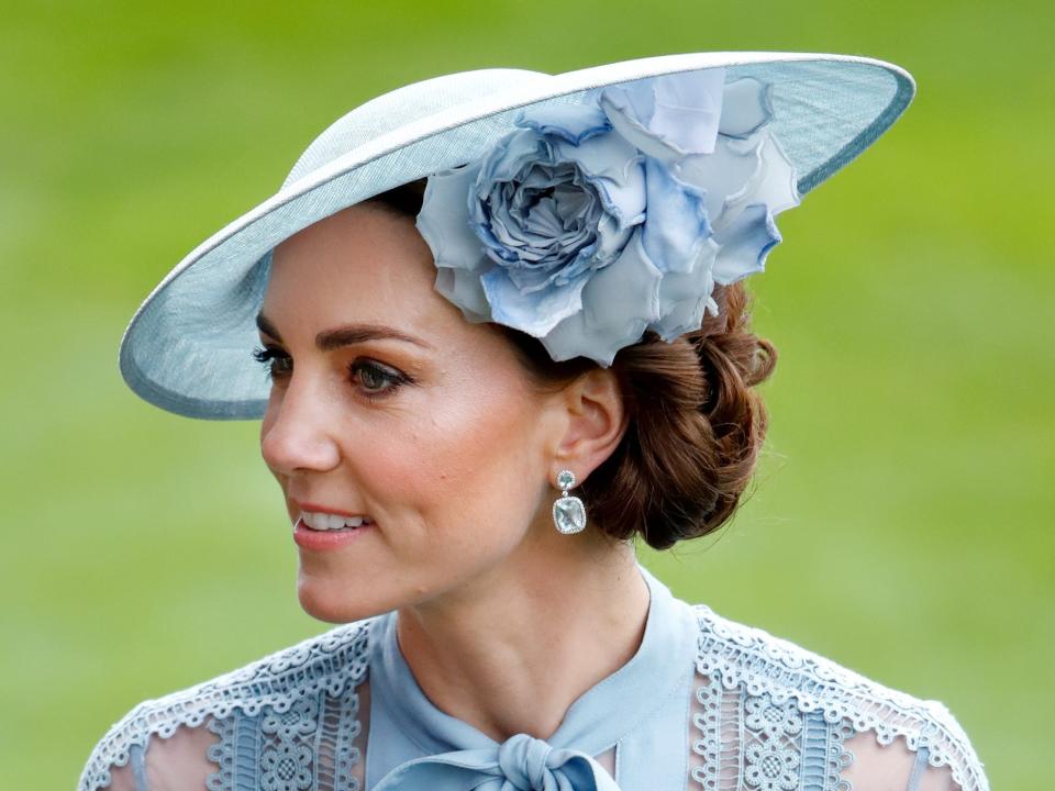 Kate Middleton wore a blue Philip Treacy hat to Royal Ascot in June 2019.