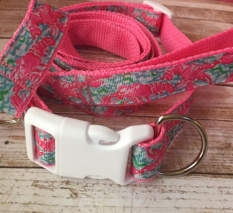 3) Lilly Pulitzer Dog Pet Collar and Leash Set in Lobstah Roll print Pink