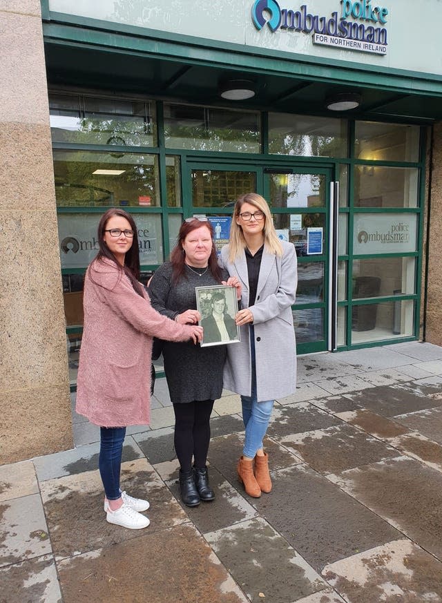 Hugh McCabe’s daughter, Liz McCabe (centre) and two of his granddaughters, Caoimhe Bradley and Claire McCabe 