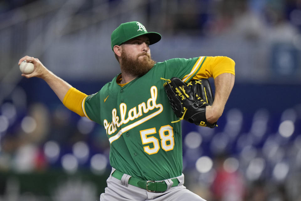 Oakland Athletics' Paul Blackburn delivers a pitch during the first inning of a baseball game against the Miami Marlins, Sunday, June 4, 2023, in Miami. (AP Photo/Wilfredo Lee)