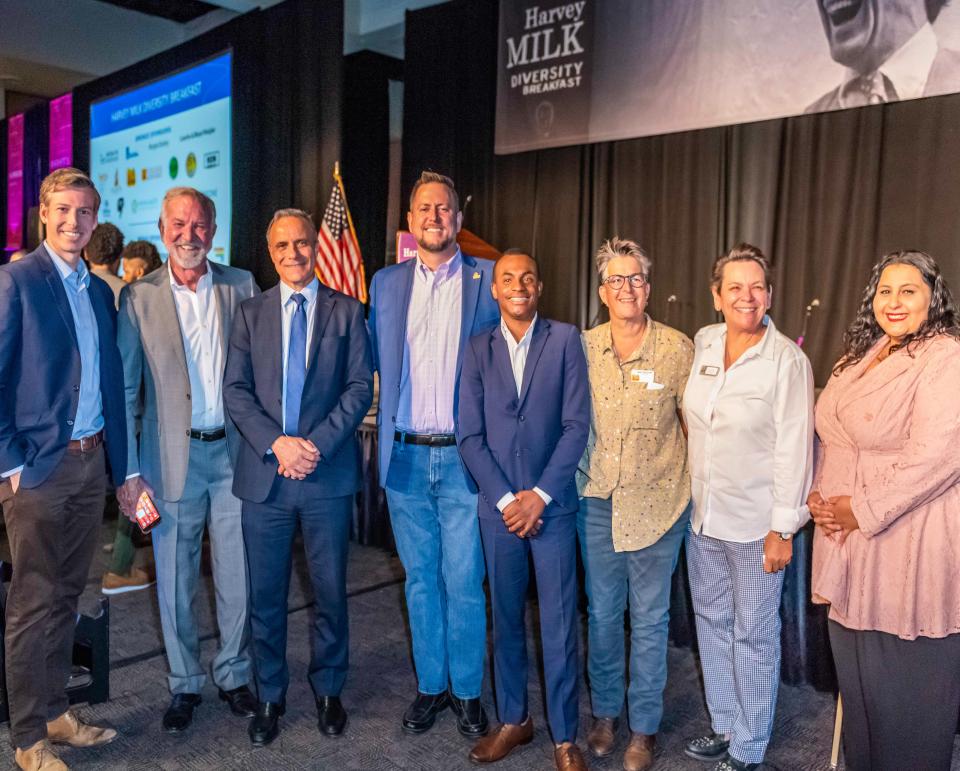 Will Rollins, Brian Rix, Bruce Bauer, Colin Wright, Gabriel Dima-Smith, Mary Sue Allen, Sue Burnside and Andrea Dima-Smith attend the 10th annual Harvey Milk Coachella Valley Diversity Breakfast on May 11, 2022.