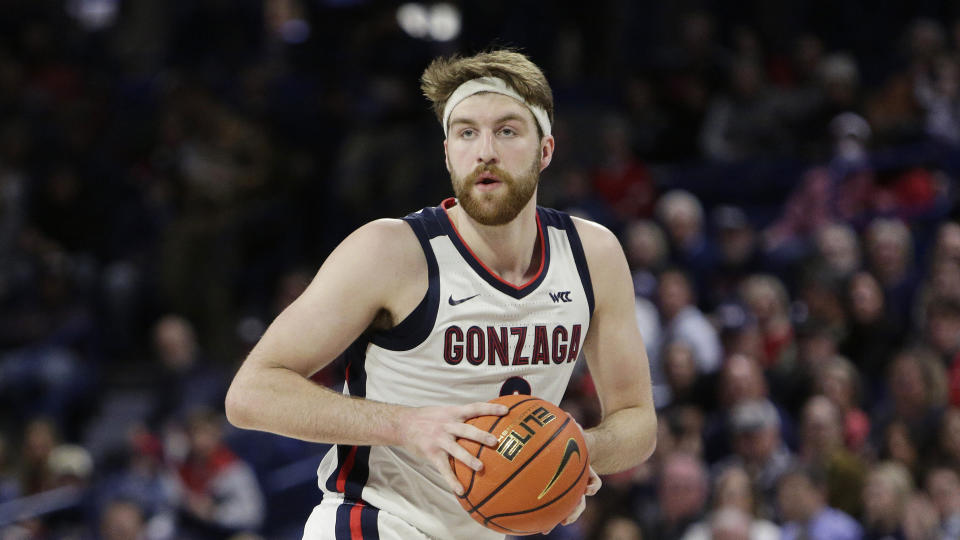 Gonzaga forward Drew Timme controls the ball during the first half of an NCAA college basketball game against Chicago State, Wednesday, March 1, 2023, in Spokane, Wash. (AP Photo/Young Kwak)