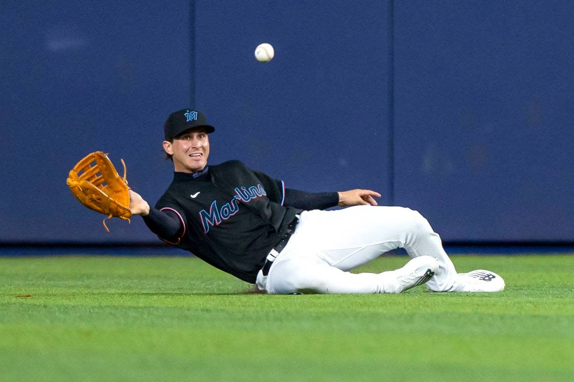 Miami Marlins outfielder JJ Bleday (67) makes the catch for the final out of the first inning of an MLB game against the New York Mets at loanDepot park in the Little Havana neighborhood of Miami, Florida, on Friday, July 29, 2022.