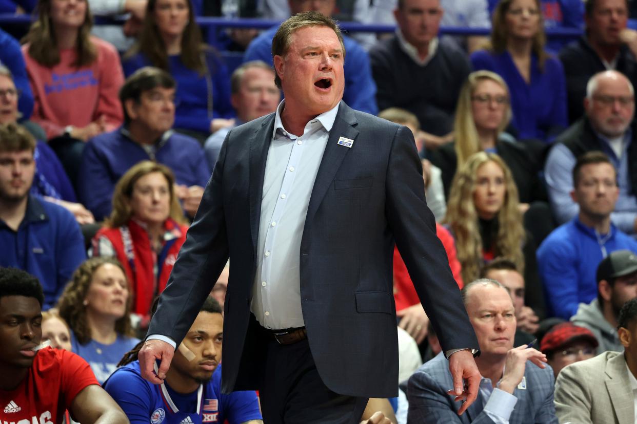 Kansas coach Bill Self reacts to a play during the first half of the team's game against Kentucky in Lexington on Saturday. His 2023 recruiting class includes a McDonald's All-American.