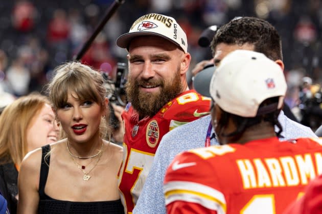 Taylor Swift and Travis Kelce - Credit: Michael Owens via AP/Getty Images