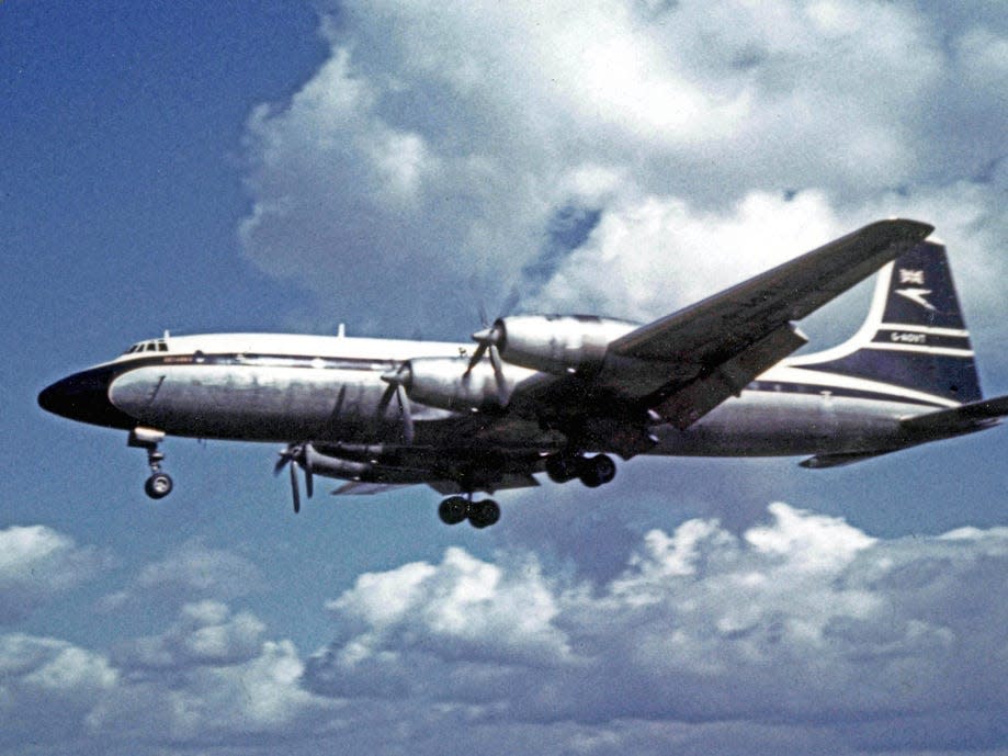 Bristol Britannia 312 G-AOVT of BOAC at Manchester Airport in 1962.