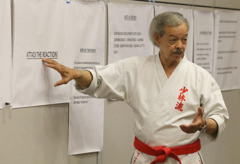 Marine Corp veteran Major Bill Hayes teaches students martial arts history during Pioneer Gasshuku II Saturday, August 20, 2022, at the LeGrand Center in Shelby.