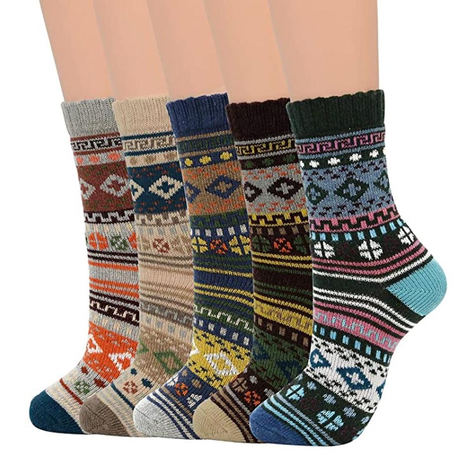 several multicolored wool socks