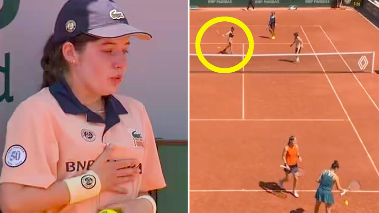 Pictured right is French Open doubles pair Miyu Kato and Aldila Sutjiadi and a ball girl that got hit on the left.