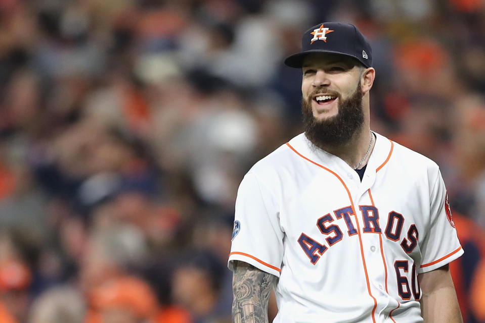 HOUSTON, TX - OCTOBER 16:  Dallas Keuchel #60 of the Houston Astros reacts in the third inning as a play is reviewed against the Boston Red Sox during Game Three of the American League Championship Series at Minute Maid Park on October 16, 2018 in Houston, Texas.  (Photo by Elsa/Getty Images)