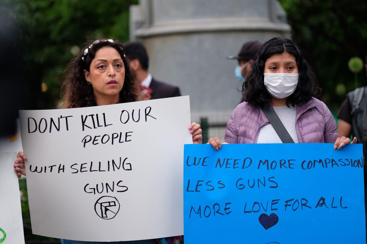 New Yorkers attend a rally and vigil against gun violence at Union Square Park in Manhattan, New York on Thursday, May 26, 2022, after the mass shooting in Uvalde, Texas. 