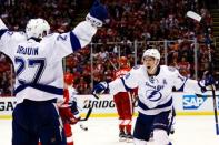 Apr 19, 2016; Detroit, MI, USA; Tampa Bay Lightning left wing Ondrej Palat (18) celebrates his goal during the third period with left wing Jonathan Drouin (27) in game four of the first round of the 2016 Stanley Cup Playoffs against the Detroit Red Wings at Joe Louis Arena. Tampa won 3-2. Rick Osentoski-USA TODAY Sports