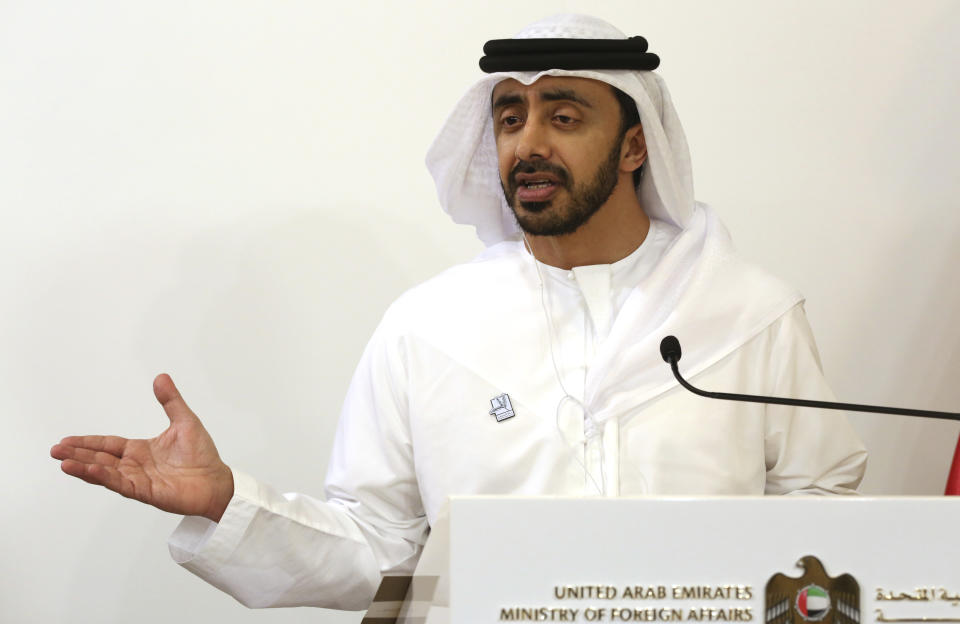 The foreign minister of the United Arab Emirates, Sheikh Abdullah bin Zayed Al Nahyan, gives a news conference with German Foreign Minister Heiko Maas in Abu Dhabi, United Arab Emirates, Sunday, June 9, 2019. Maas visited the UAE as part of a Mideast tour before heading to Iran to discuss heightened regional tensions between Tehran and the U.S. (AP Photo/Jon Gambrell)