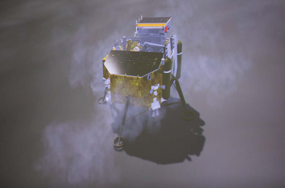 <em>A simulated landing process of Chang’e-4 lunar probe is seen through the monitor at Beijing Aerospace Control Center in Beijing (AP)</em>