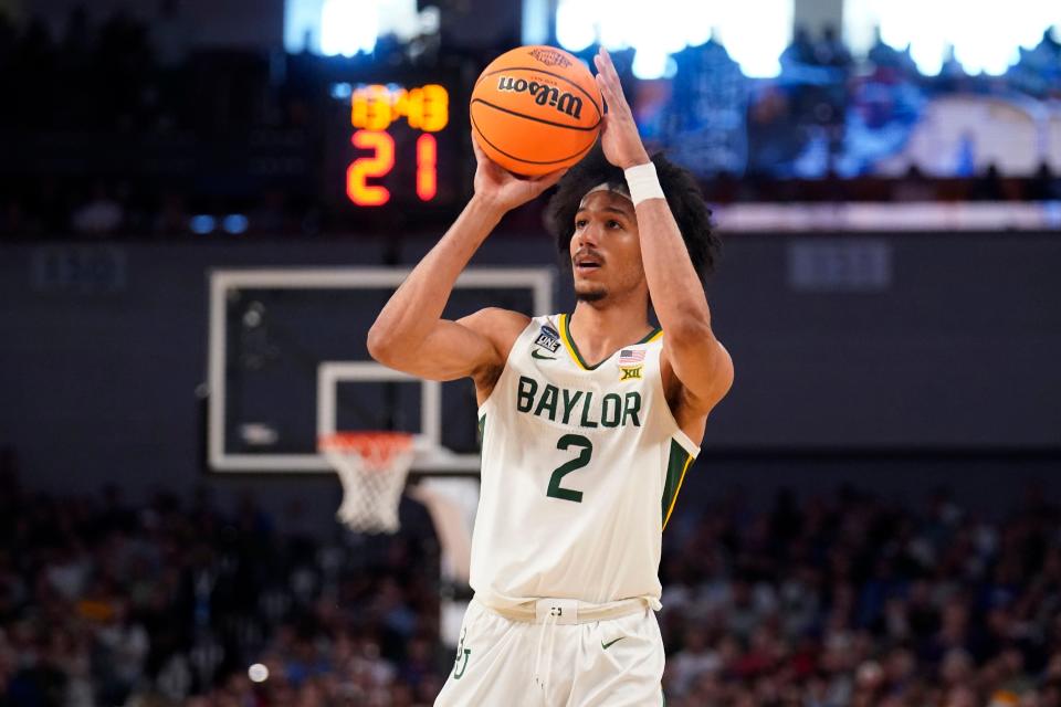 Baylor guard Kendall Brown takes a shot during a second-round game against North Carolina in the NCAA college basketball tournament in Fort Worth, Texas, Saturday, March, 19, 2022. (AP Photo/Tony Gutierrez)