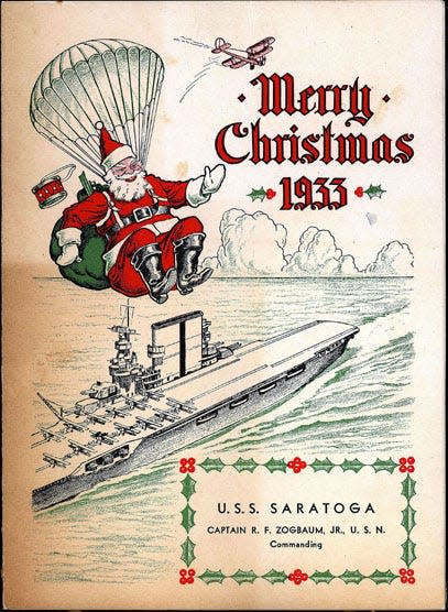 Military units often made Christmas cards available to their men, especially in the first half of the 20th century. This practice was especially common aboard ships. Here is a Christmas greeting from the aircraft carrier USS Saratoga (CV-3) from 1933.
