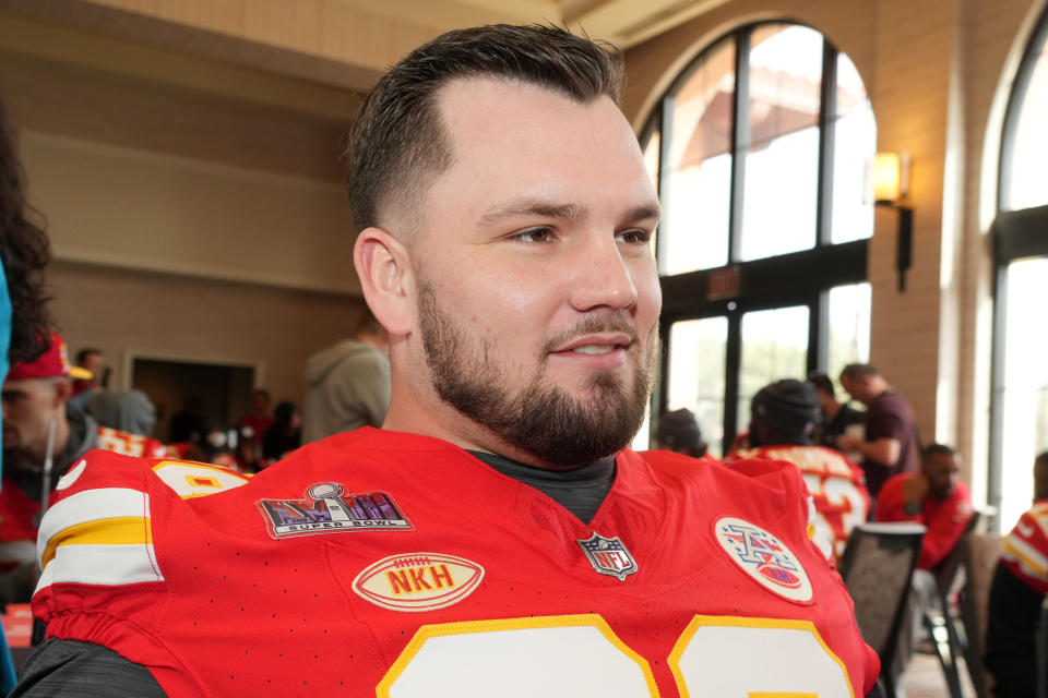 Feb 7, 2024; Las Vegas, NV, USA; Kansas City Chiefs guard Mike Caliendo (66) during a press conference before Super Bowl LVIII at Westin Lake Las Vegas Resort and Spa. Mandatory Credit: Kirby Lee-USA TODAY Sports 