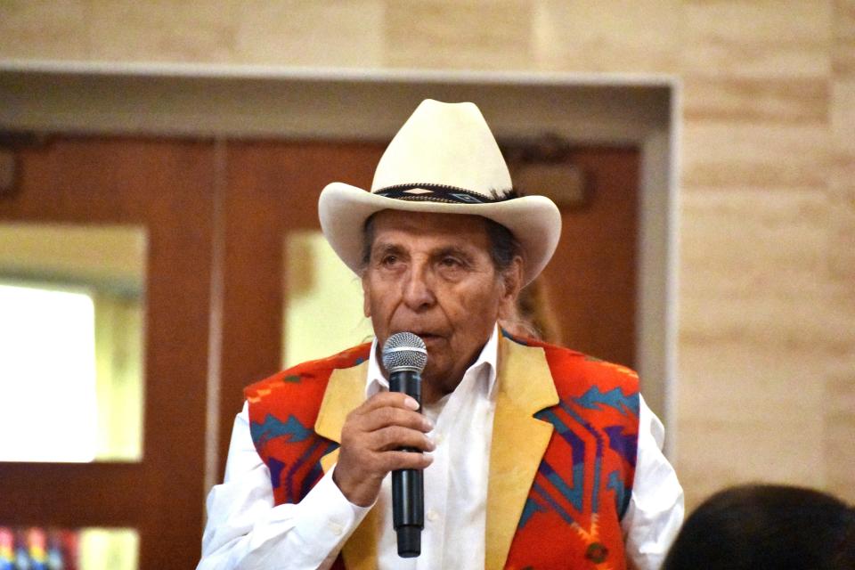 Donovan Archambault, from the Fort Belknap Indian Reservation, speaks about abuses he suffered at government-sponsored Native American boarding schools, during a U.S. Department of Interior event at Montana State University, Sunday, Nov. 5, 2023, in Bozeman, Mont. The Interior Department says more than 400 of the abusive, government-backed schools operated across the U.S. (AP Photo/Matthew Brown)