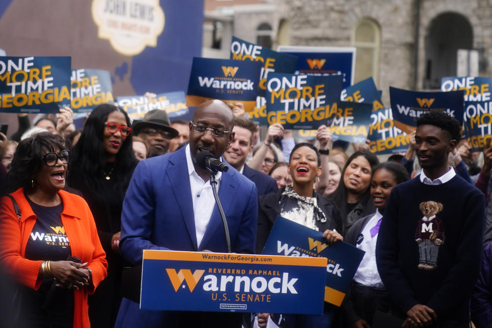 FILE - Democratic nominee for U.S. Senate Sen. Raphael Warnock speaks during a news conference, Thursday, Nov. 10, 2022, in Atlanta. Warnock is running against Republican Herschel Walker in a runoff election. (AP Photo/Brynn Anderson, File)