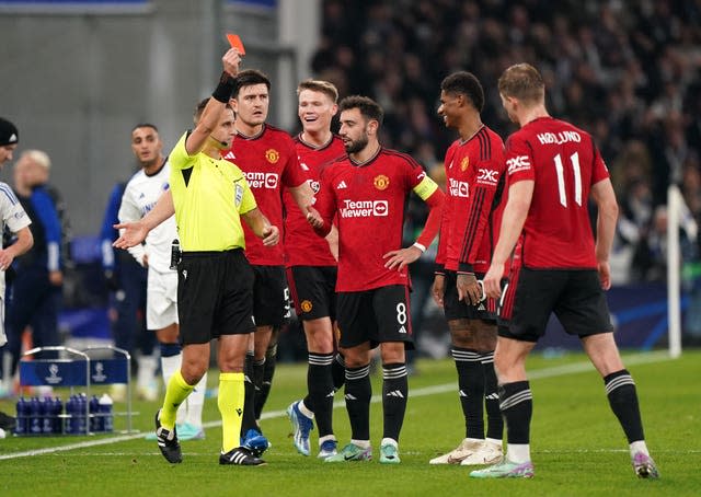 Marcus Rashford, second right, was red carded in Copenhagen in November (Zac Goodwin/PA)