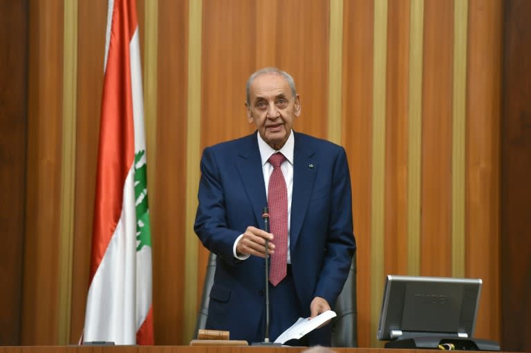 Lebanese speaker Nabih Berri addresses parliament in Beirut after being elected to a sixth consecutive term on May 23, 2018, in a handout picture provided by the legislature's press office