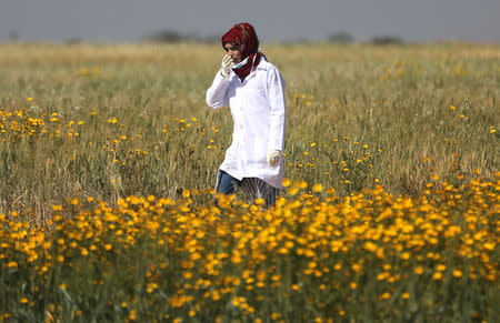 FILE PHOTO - Female Palestinian medic Razan Al-Najar works at the scene of clashes at Israel-Gaza border, in the southern Gaza Strip April 1, 2018. REUTERS/Ibraheem Abu Mustafa/File Photo