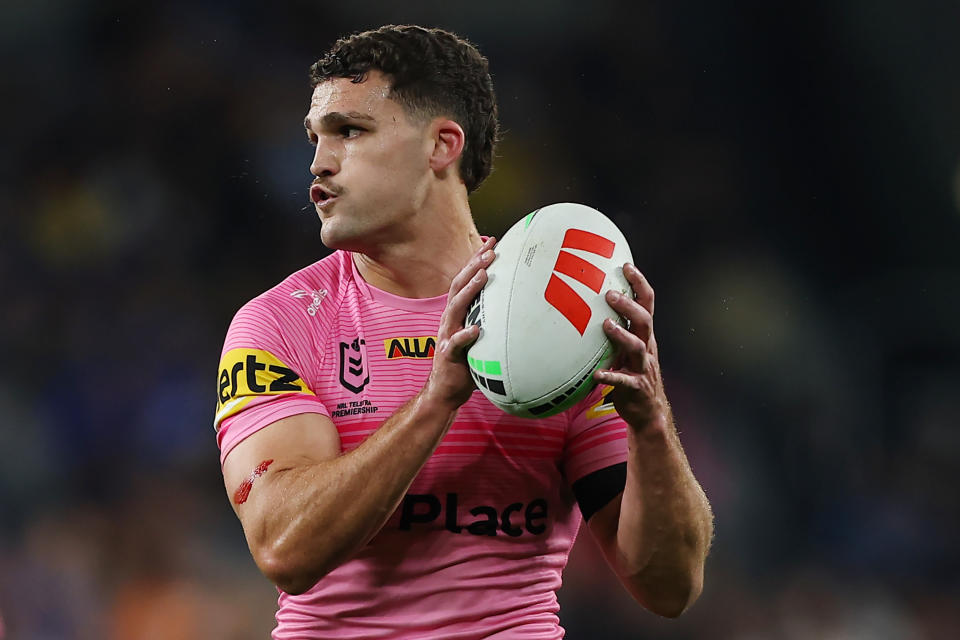 Nathan Cleary plays the ball.