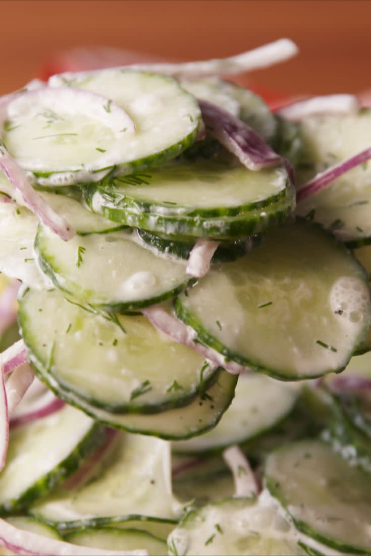 <p>The most refreshing side salad.</p><p>Get the recipe from <a href="https://patty-delish.hearstapps.com/cooking/recipe-ideas/recipes/a53266/easy-cucumber-salad-recipe/" rel="nofollow noopener" target="_blank" data-ylk="slk:Delish" class="link ">Delish</a>.</p>