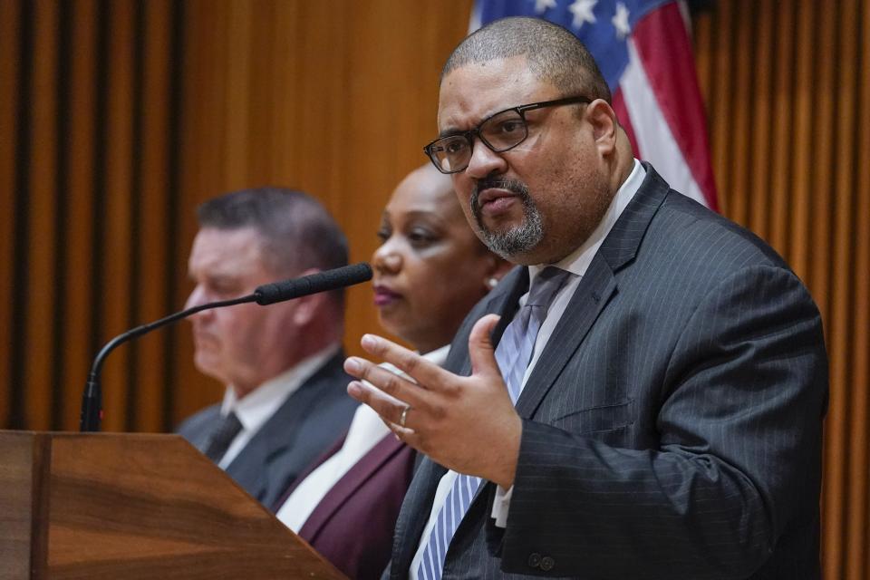 Manhattan District Attorney Alvin Bragg speaks to reporters during a news conference at police headquarters, Tuesday, April 18, 2023, in New York. (AP Photo/Mary Altaffer)