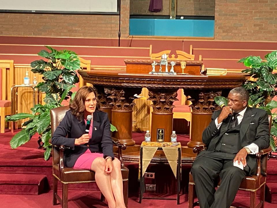 Gov. Gretchen Whitmer speaks at Liberty Temple Baptist Church in Detroit on June 28, 2022, in a dialogue with the Rev. Steve Bland, the church's pastor and president of the Council of Baptist Pastors of Detroit and Vicinity, at the council's meeting. Whitmer said racism is rising in Michigan.