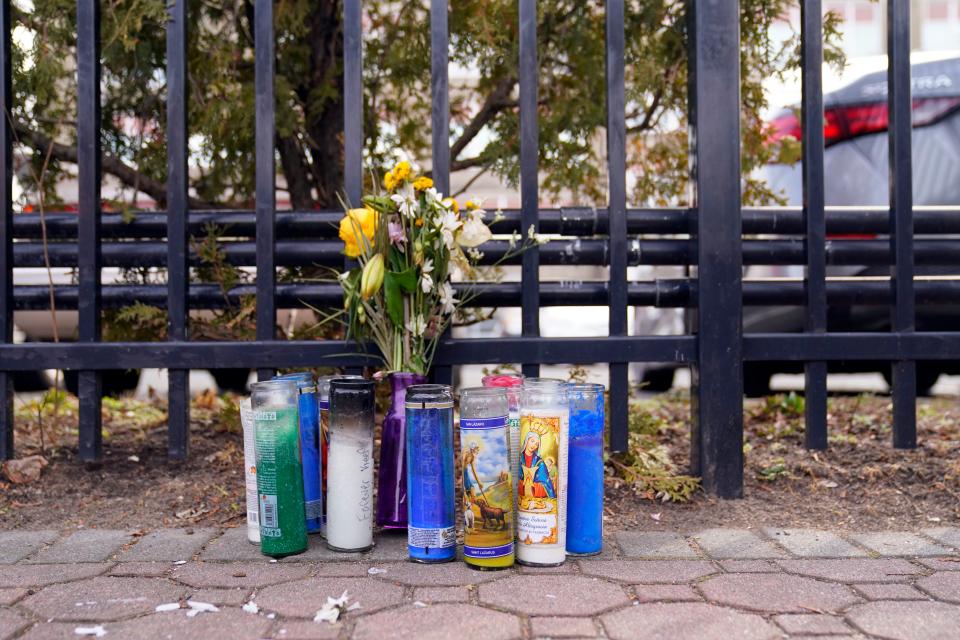 A small memorial sits on Park Avenue in front of Eastside High School for a student who was fatally stabbed during dismissal in Paterson on Feb. 17, 2023.