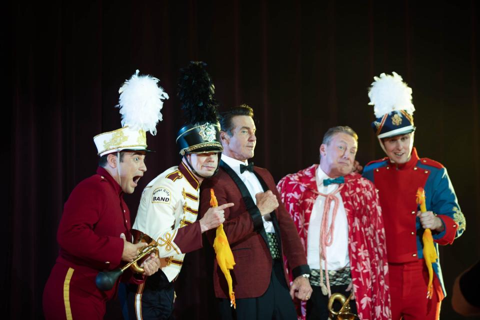 Dennis Quaid, center, appears as Ronald Reagan during filming of a scene from the upcoming biopic "Reagan" in Guthrie.