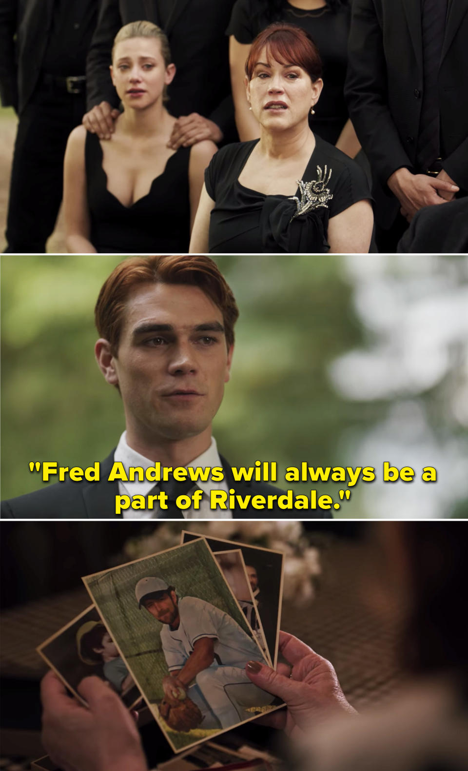 Archie saying, "Fred Andrews will always be a part of Riverdale"