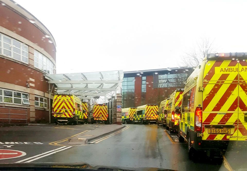 The huge jam was the second in a matter of days as staff at Worcestershire Royal Hospital were overwhelmed with patients struck down by flu and the norovirus (SWNS)