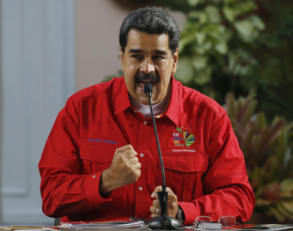 Venezuela's President Nicolas Maduro speaks during the closing ceremony of the Sao Paulo Forum at Miraflores presidential palace in Caracas, Venezuela, Sunday, July 28, 2019. The Sao Paulo forum, held almost annually and hosted by Cuba last year, was founded as Latin American leftists sought to re-organize after the fall of the Berlin Wall in 1989. (AP Photo/Ariana Cubillos)