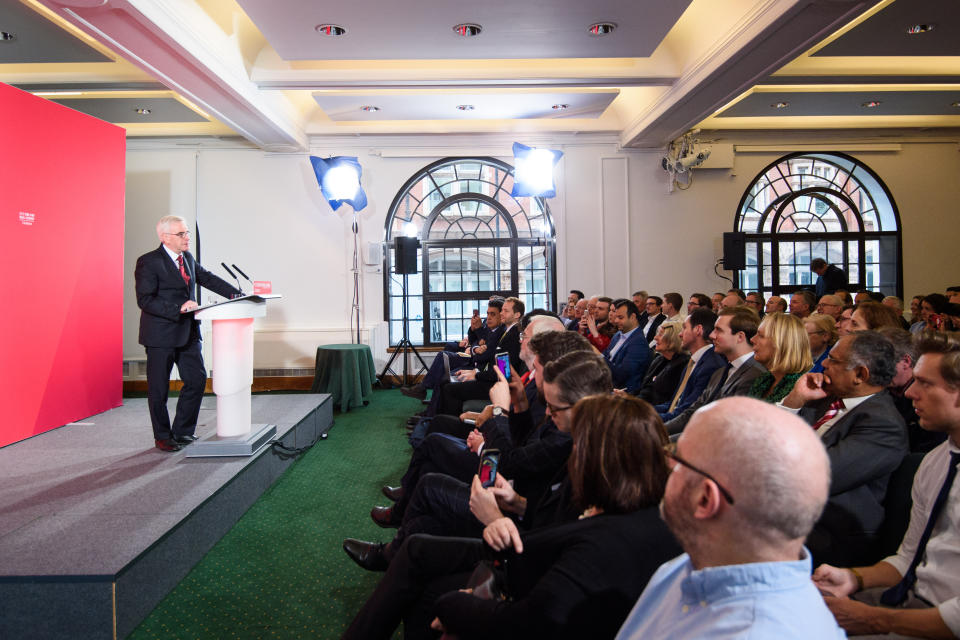 Shadow chancellor John McDonnell gives a speech on the economy, as part of Labour's general election campaign, at Church House in Westminster, London. Picture date: Tuesday November 19, 2019. Photo credit should read: Matt Crossick/Empics