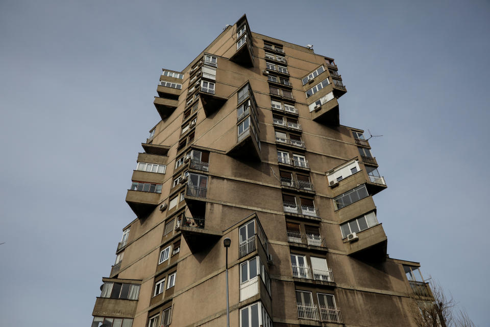 Karaburma Housing Tower, also known as the "Toblerone" building, stands in the Karaburma district in Belgrade, Serbia. (Photo: Marko Djurica/Reuters)