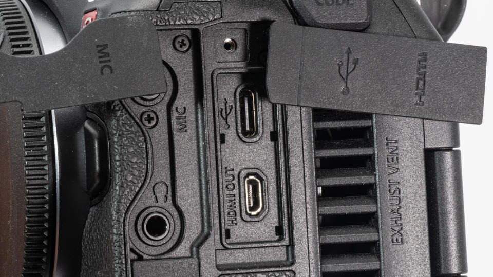 Close up of the ports on a Canon EOS R5 C hybrid video camera
