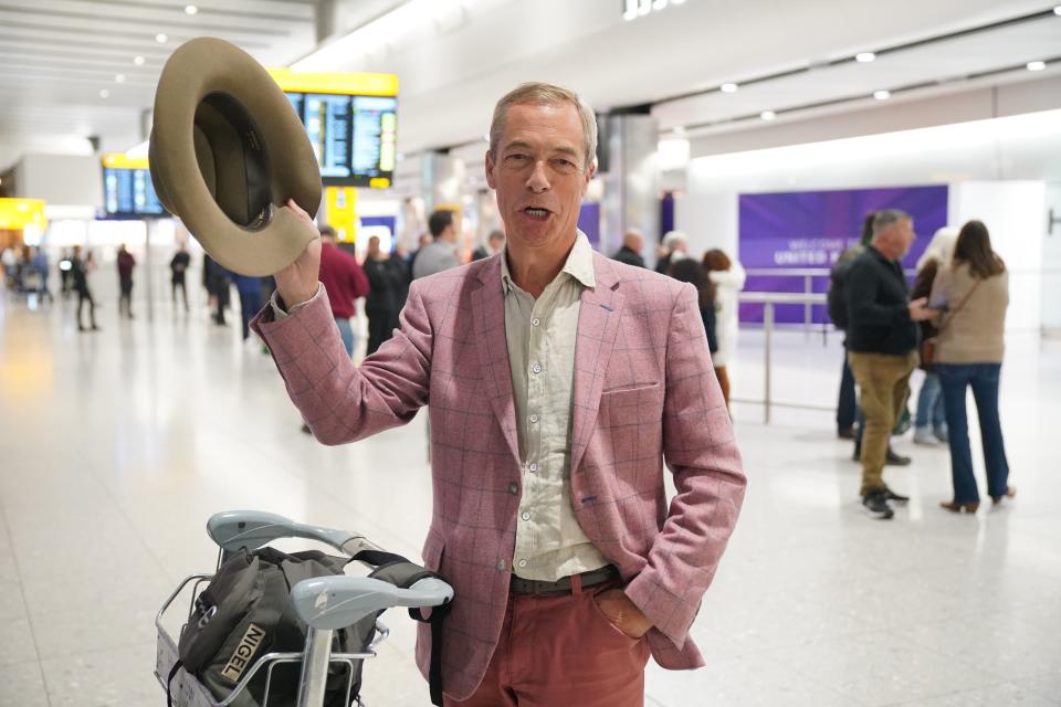 Nigel Farage arrives at Heathrow Airport after taking part in the ITV series I’m A Celebrity Get Me Out Of Here! (Jonathan Brady/PA) (PA Wire)