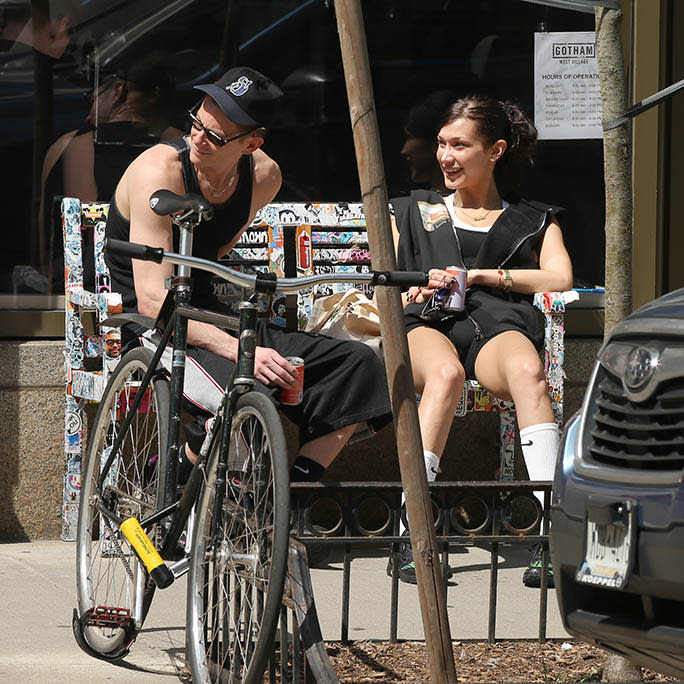 Bella Hadid and Marc Kalman soak up some sun outside Gotham Gym in New York City on April 14, 2022. - Credit: Christopher Peterson / SplashNew