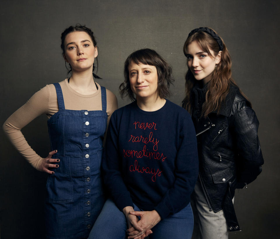 Sidney Flanigan, from left, writer/director Eliza Hittman and Talia Ryder pose for a portrait to promote the film "Never Rarely Sometimes Always" at the Music Lodge during the Sundance Film Festival on Saturday, Jan. 25, 2020, in Park City, Utah. (Photo by Taylor Jewell/Invision/AP)