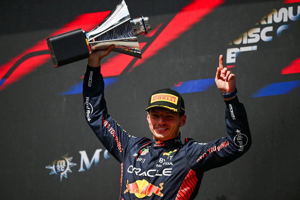 SPA, BELGIUM – JULY 30: Race winner Max Verstappen of the Netherlands and Oracle Red Bull Racing celebrates on the podium during the F1 Grand Prix of Belgium at Circuit de Spa-Francorchamps on July 30, 2023 in Spa, Belgium. (Photo by Dan Mullan/Getty Images) // Getty Images / Red Bull Content Pool // SI202307300533 // Usage for editorial use only //