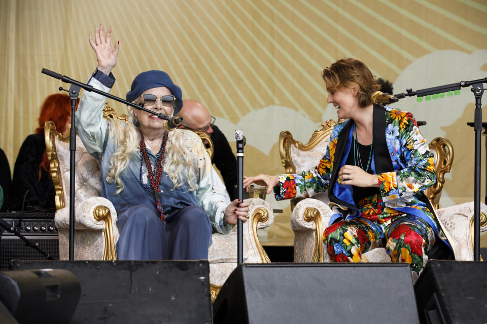 Newport, RI - July 24: Brandi Carlile introduces Joni Mitchell for a special Joni Jam at the 2022 Newport Folk Festival at Fort Adams State Park on July 24, 2022. (Photo by Carlin Stiehl for The Boston Globe via Getty Images)