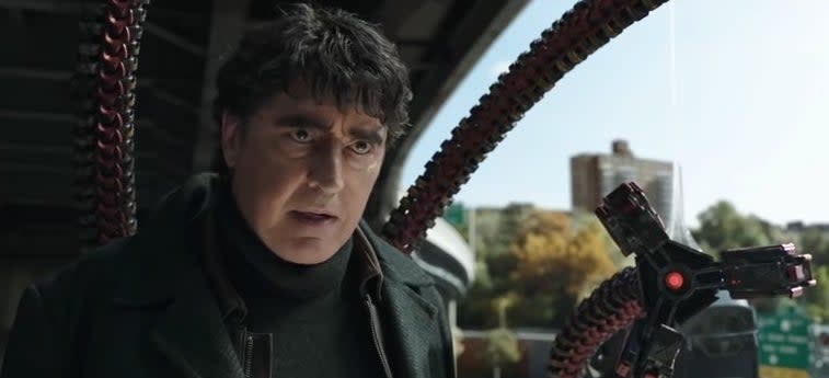 Doc Ock without his glasses under a highway in "Spider-Man: No Way Home"
