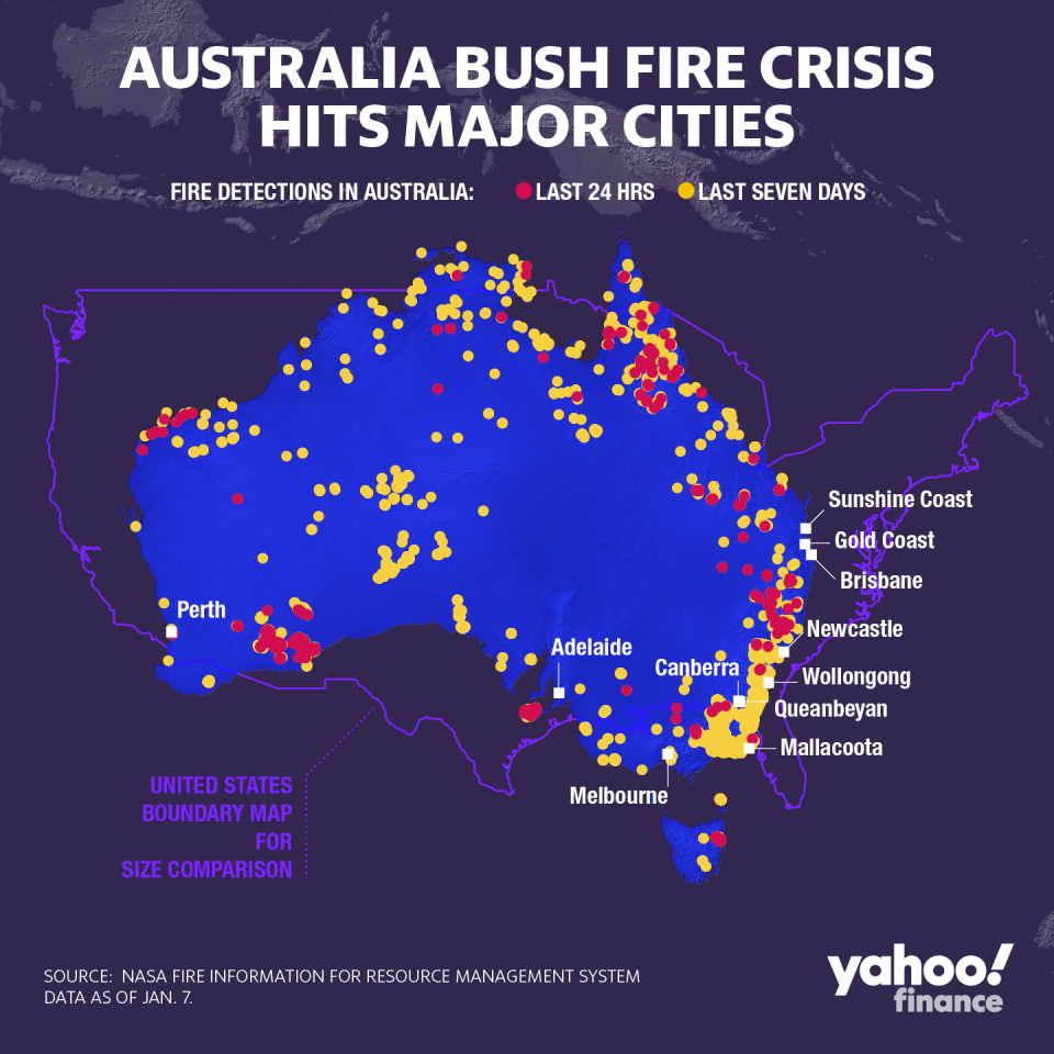 Los incendios forestales en Australia costarán miles de millones. (Gráfico: David Foster/Yahoo Finanzas)