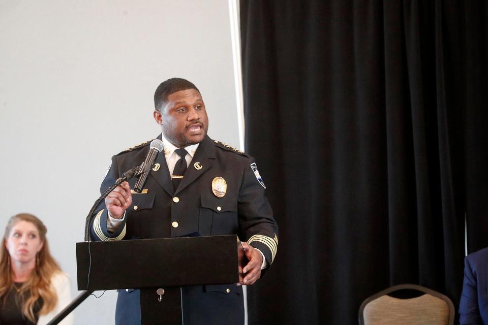 Savannah Police Chief Lenny Gunther talks about the 4 newly promoted officers  during the Savannah Police Department badge pinning an appointment ceremony on Tuesday March 14, 2023 at the Savannah Civic Center.